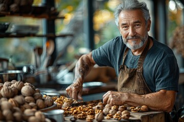 Elderly, tattooed chef carefully preparing nuts for cooking in a rustic café kitchen