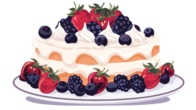 Whipped cream and various berries on a cake Flat vector