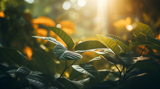 Sun shining through the leaves of a lush green plant