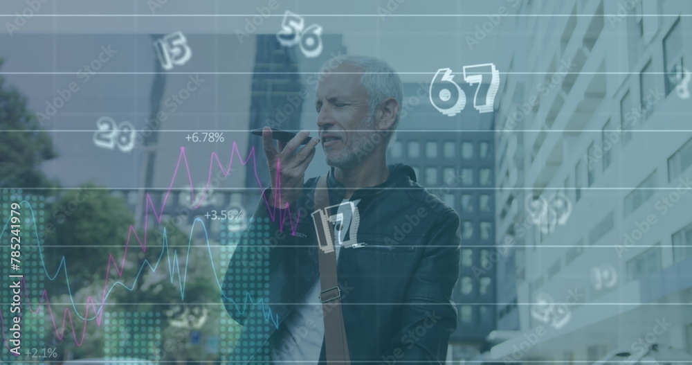 Poster image of numbers and data processing over caucasian man using smartphone