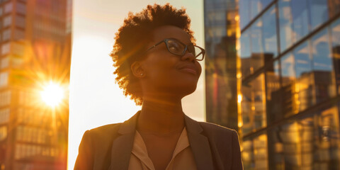 Happy wealthy rich successful black businesswoman standing in big city modern skyscrapers street on sunset - obrazy, fototapety, plakaty