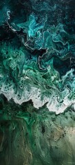 Evocative of a turbulent sea, this abstract fluid art painting swirls with shades of emerald and black, creating a mesmerizing visual reminiscent of oceanic depths.

