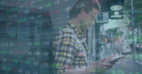 Image of data processing over caucasian man using smartphone