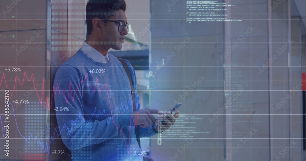 Poster image of binary codes, computer language, biracial man standing and scrolling on cellphone