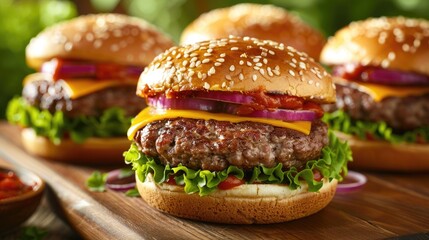 Trio of cheeseburgers with bacon and lettuce. Close-up food photography. Fast food and gourmet concept for design, menu, and advertisement