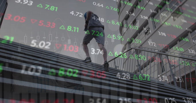 Image of financial data processing over caucasian man running in city