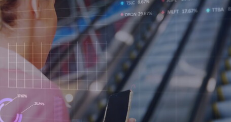 Image of graphs and trading board, caucasian woman scrolling on cellphone while using escalator