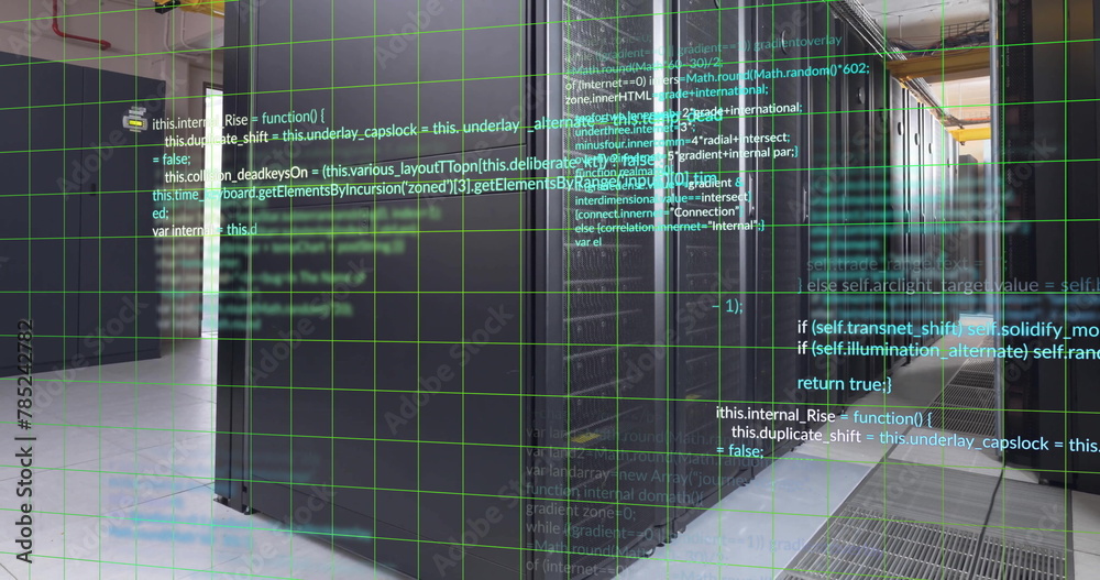 Poster image of multicolored computer language over data server room