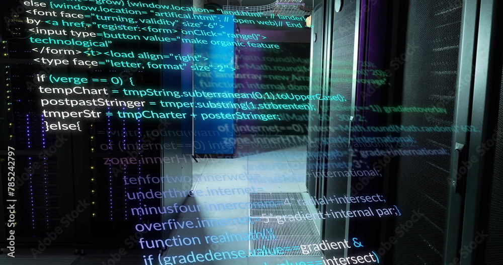 Poster image of multicolored computer language over data server room