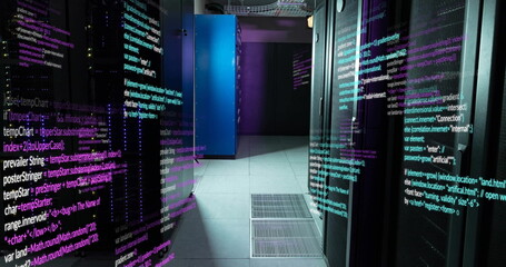 Image of multicolored computer language over data server room - obrazy, fototapety, plakaty