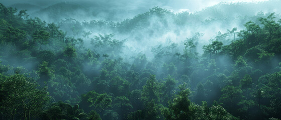 Captivating 3D illustration of an exotic foggy forest jungle, with a natural landscape and oasis, shrouded in mist and mystery.