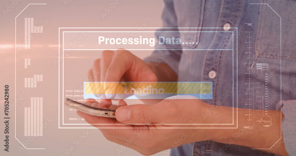Poster image of data processing over caucasian man using smartphone