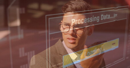 Image of data processing over caucasian businessman talking on smartphone