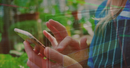 Image of data processing over caucasian woman using smartphone
