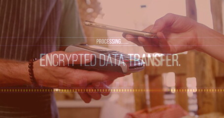 Image of data processing over caucasian woman paying with smartphone - Powered by Adobe