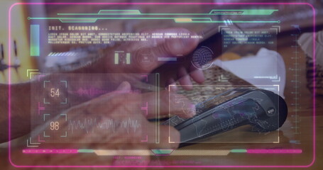 Image of data processing over caucasian man paying with smartphone