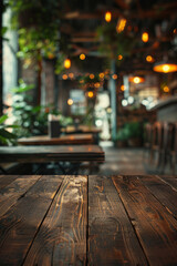 A simple empty dark wood table set in a cozy cafe environment, inviting customers to relax and enjoy their meal or drinks in a warm and welcoming atmosphere.