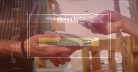 Image of data processing over caucasian woman paying with smartphone
