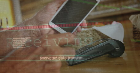 Image of data processing over caucasian man paying with smartphone