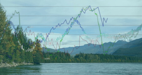 Image of data processing and diagram over landscape