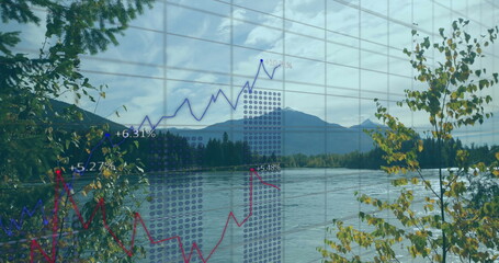 Image of data processing and diagrams over landscape