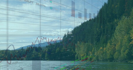 Image of data processing, stock market and diagram over landscape