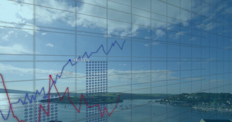 Image of data processing and diagrams over landscape