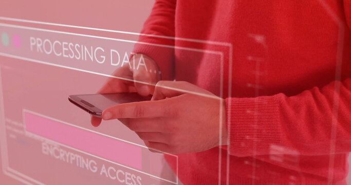 Image of data processing over caucasian man using smartphone