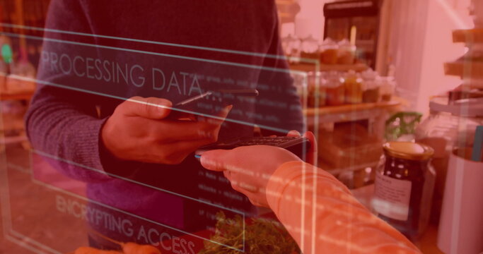 Image of data processing over biracial man paying with smartphone