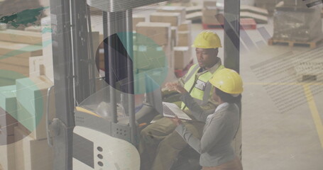 Image of statistic charts over african american workers in warehouse