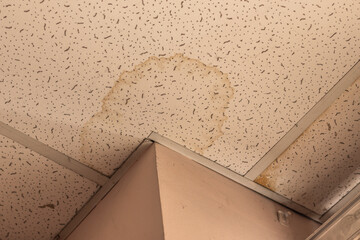 Looking directly up at a dirty stained ceiling tile. Stained were made by water leaking from...