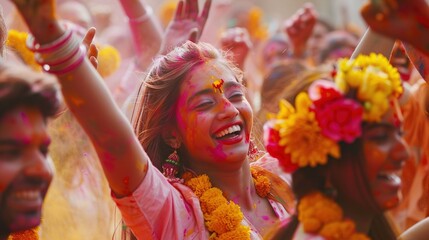 Holi revellers dancing to lively music, their bodies adorned with colorful garlands and their faces beaming with sheer joy.