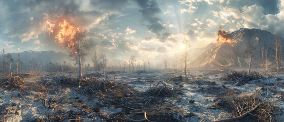 Illustration depicting scorched earth and burnt trees in a devastated valley - obrazy, fototapety, plakaty