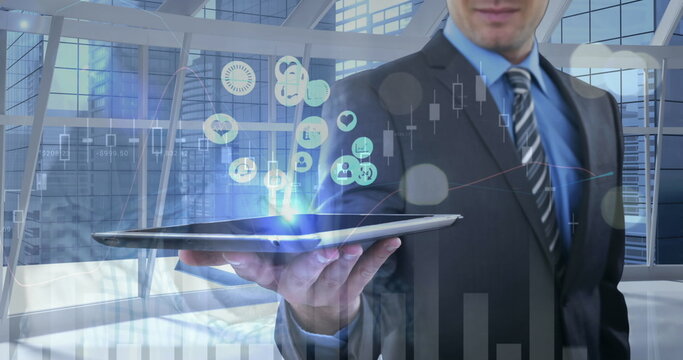 Image of financial data processing over man using tablet