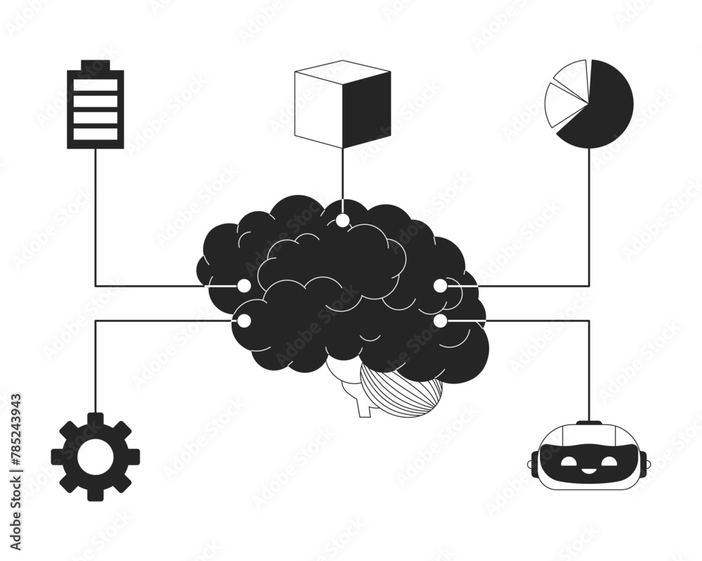 Poster digital brain machine learning black and white 2d line cartoon object. artificial intelligence tools