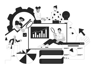 Data analytics service black and white 2D illustration concept. Professional marketers studying statistics cartoon outline characters isolated on white. Business metaphor monochrome vector art