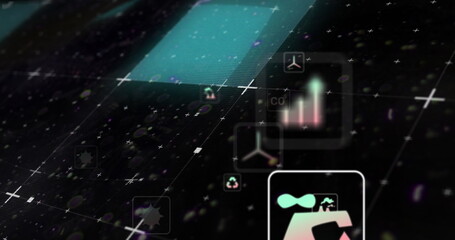 Image of network of eco and environmentally friendly icons over grid