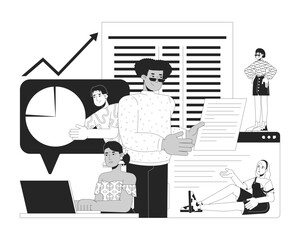 Accounting work black and white 2D illustration concept. Business analysts team cartoon outline characters isolated on white. Budgeting accountants. Financial report metaphor monochrome vector art