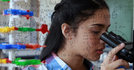 Image of mathematical formulae over student using microscope