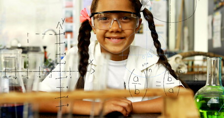 Image of mathematical formulae over smiling schoolgirl - obrazy, fototapety, plakaty