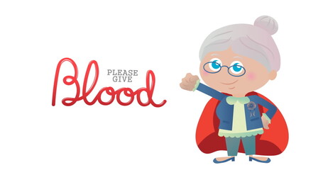 Image of please give blood text with illustration of superhero woman