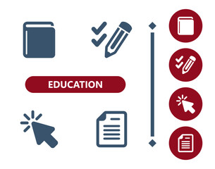Education icons. School, book, pencil, cursor arrow, click, document, page, test paper icon