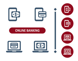 Online banking icons. Internet banking, money, smartphone, mobile phone, laptop, credit card, dollar bill icon
