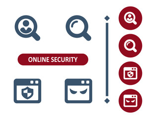 Online security icons. Internet security, virus, antivirus, inspect, user, magnifier, website, spyware, danger icon