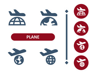Plane Icons. Airplane, Flight, Flying, Around The World, Globe, Earth, Travel, International Icon