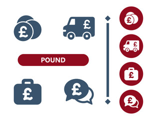 Pound icons. Coins, Coin, armored truck, briefcase, suitcase, chat bubble, wealth icon