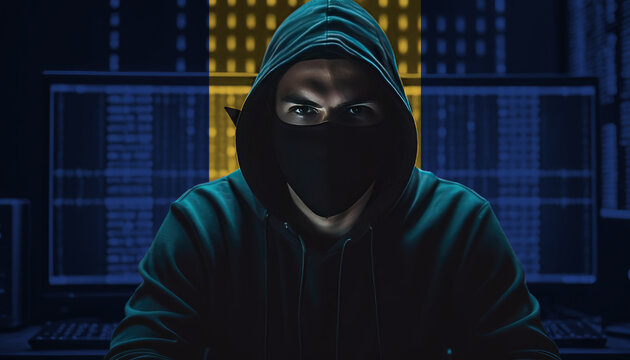 Hacker in a dark hoodie sitting in front of a monitors with Barbados flag and background cyber security concept