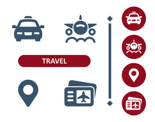 Travel icons. Tourism, cab, taxi, car, plane, airplane, map pin, map marker, plane ticket icon