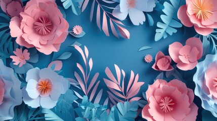 Blossoming Paper Art Flowers on Turquoise Background