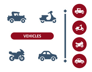 Vehicles icons. Vehicle, cars, car, antique car, classic car, scooter, moped, motorcycle icon